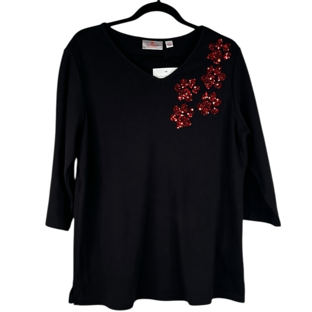 The Quaker Factory Black Red Sequin Dog Paw Print 3/4 Sleeve Top Size Large New!